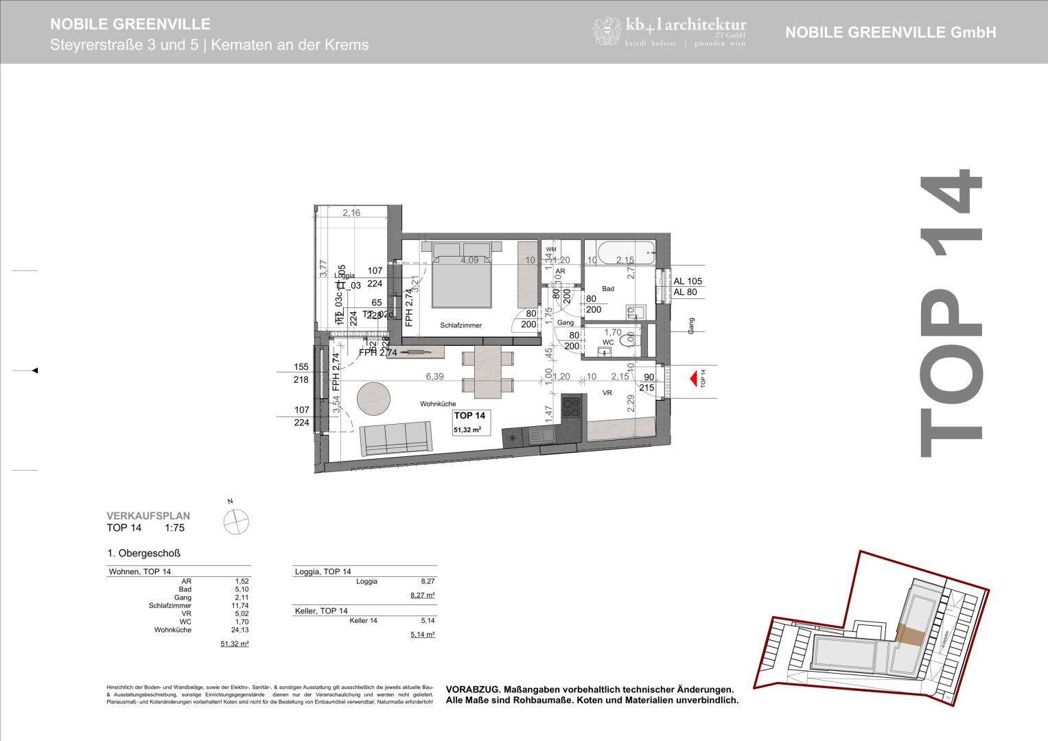 Grundriss der Wohnung TOP 14 mit Loggia und Kellerabteil.