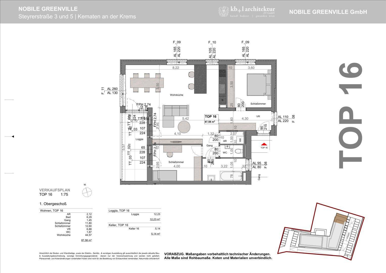 Grundriss der Wohnung Top 16 mit Loggia, offenem Wohnbereich und zwei Bädern.