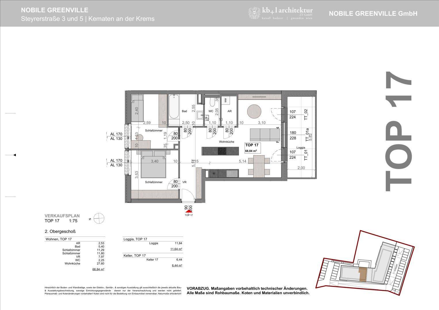 Grundriss der Wohnung Top 17 mit Loggia und klarer Raumaufteilung.