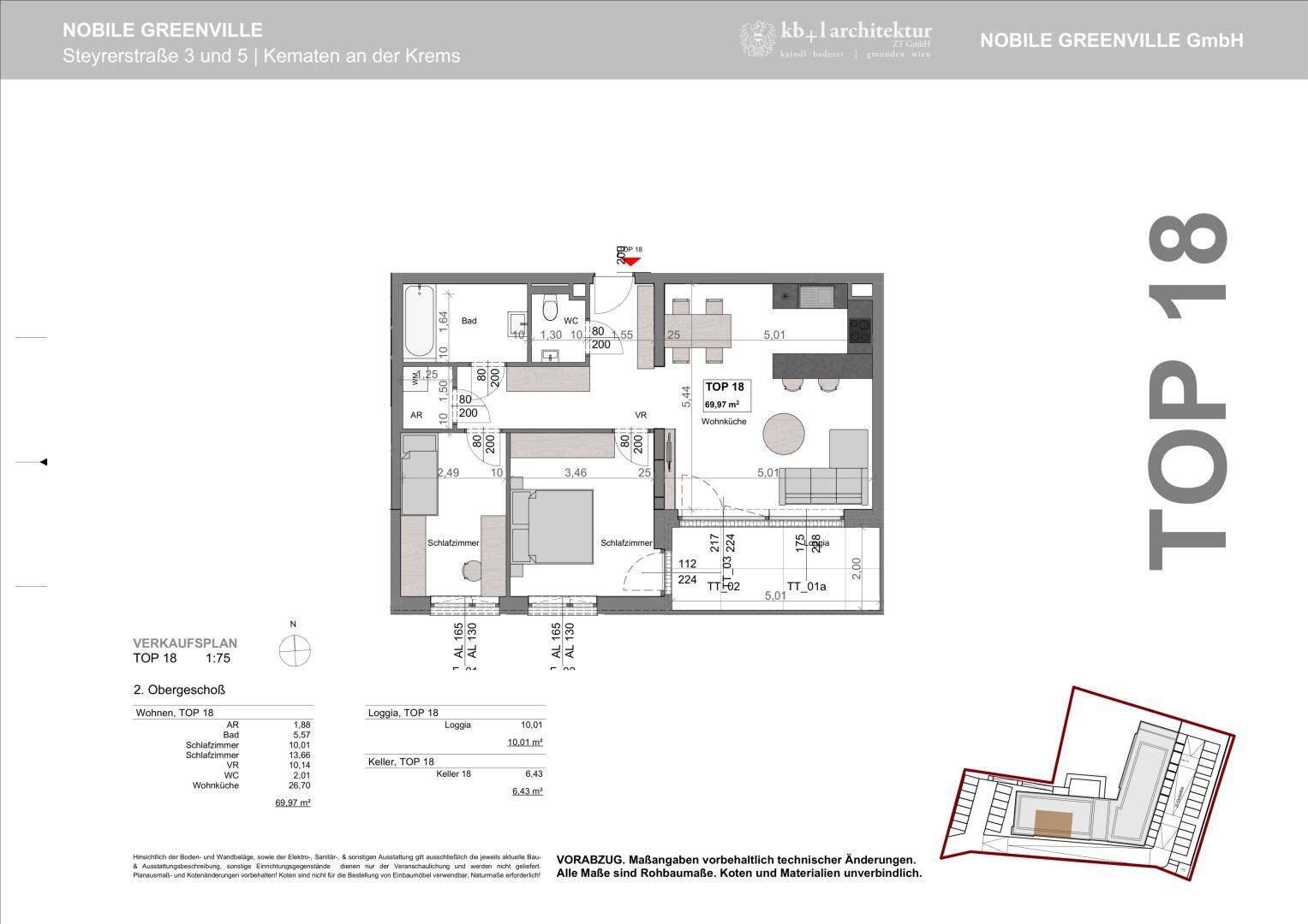Detaillierter Grundriss der Wohnung TOP 18 mit zwei Schlafzimmern und Loggia.