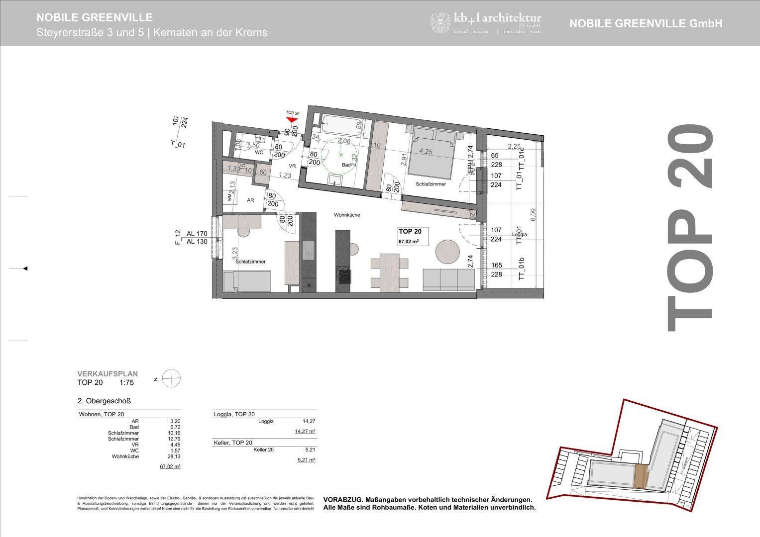 Grundriss der Wohnung TOP 20 im 2. Obergeschoss mit Loggia und Kellerabteil.