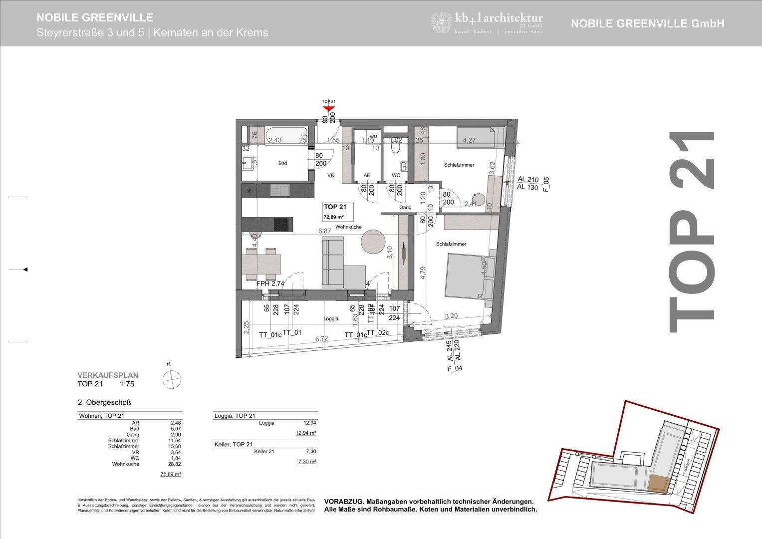 Grundriss der Wohnung TOP 21 mit Loggia, zwei Bädern und separatem Schlafzimmer. Offenes Layout.