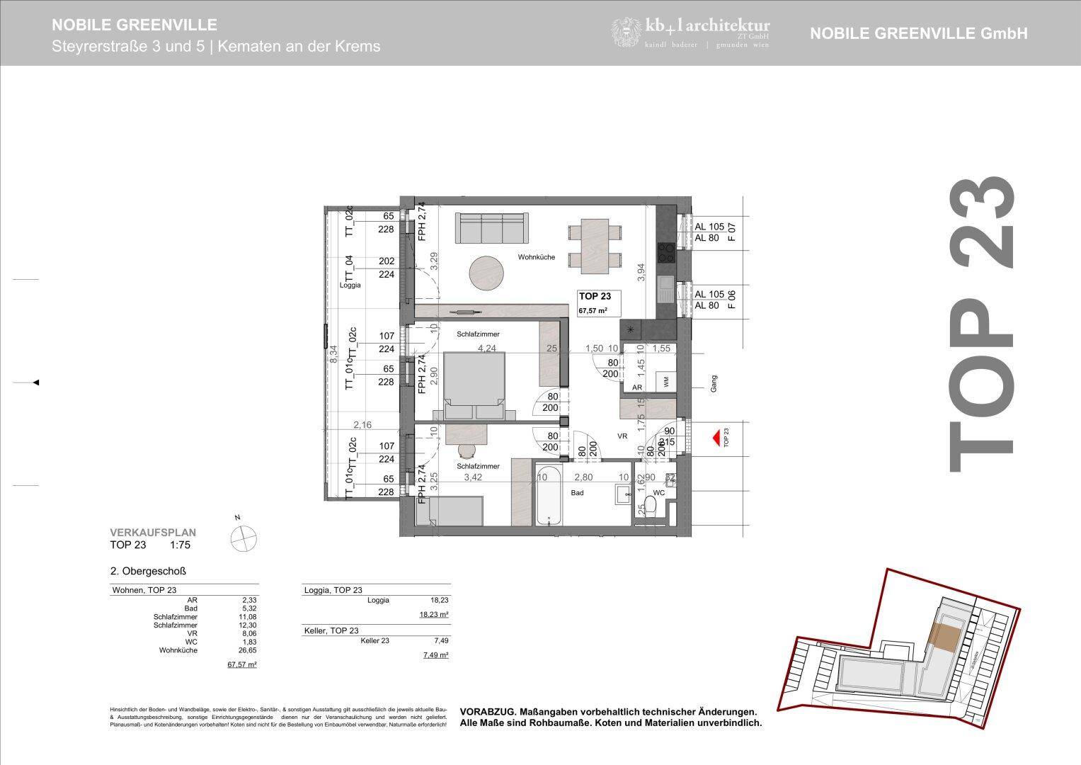 Grundriss der Wohnung Top 23 mit Loggia und funktionaler Raumaufteilung.