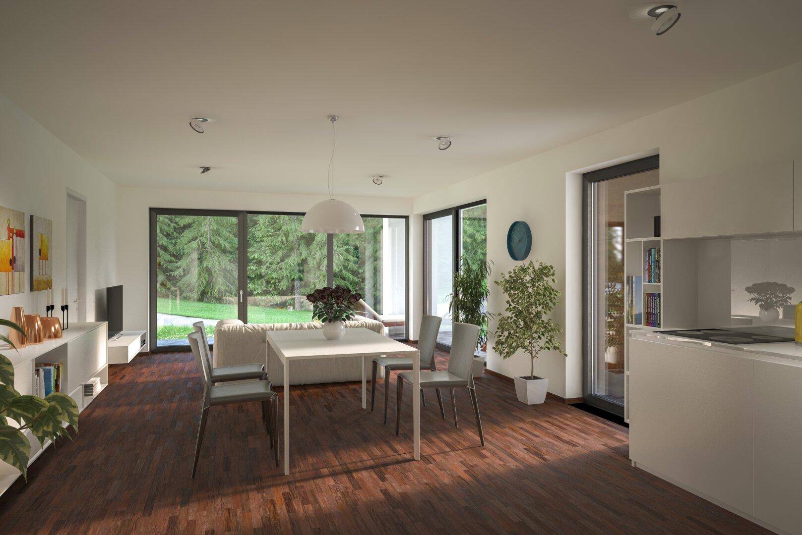 Geräumiger Wohn-Essbereich mit dunklem Holzboden und großen Fenstern zum Grünen.