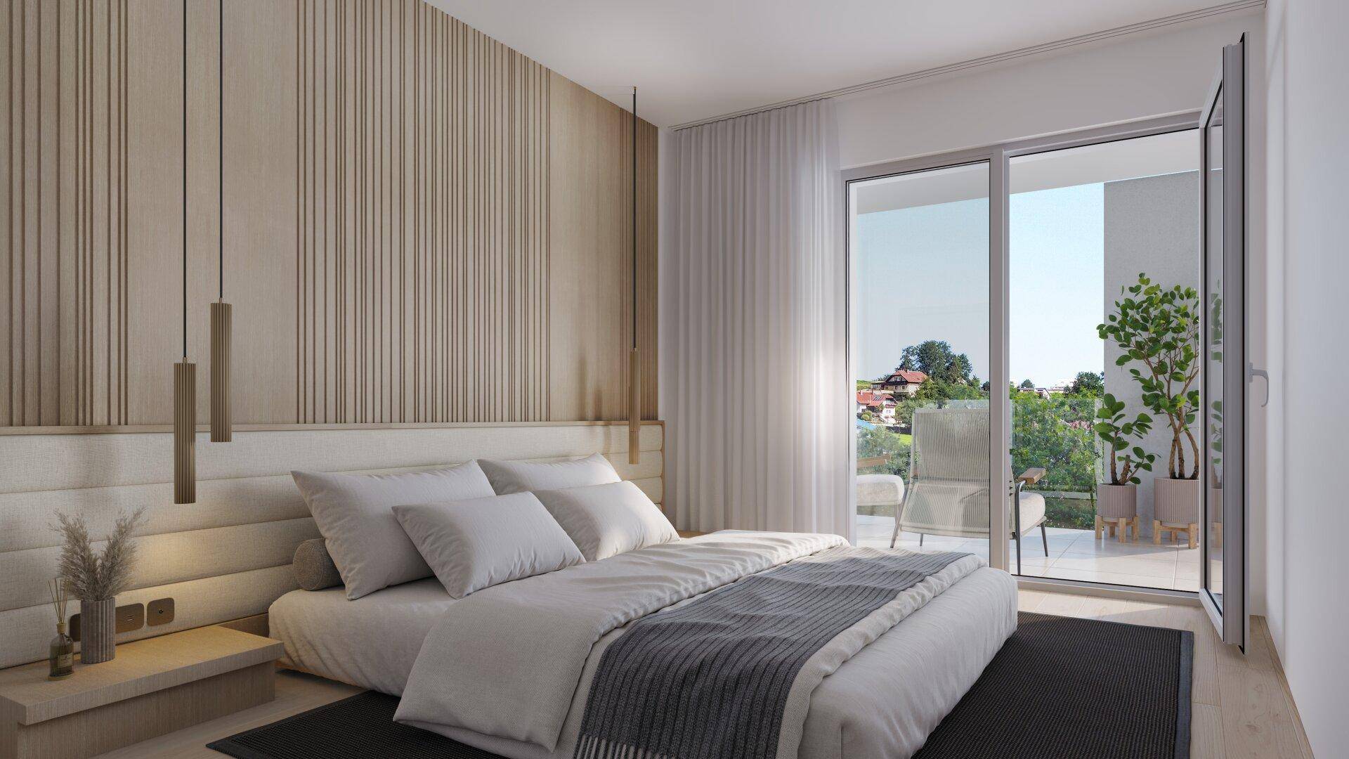 Modernes Schlafzimmer mit Balkonzugang, Holzwandpaneelen und minimalistischer Einrichtung.