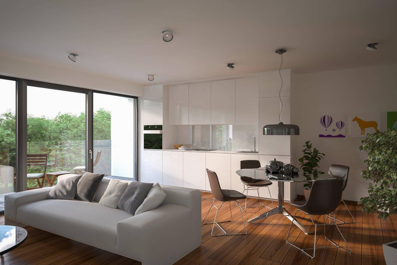 Heller Wohnbereich mit offener Küche, Holzboden und Zugang zu einem möblierten Balkon.