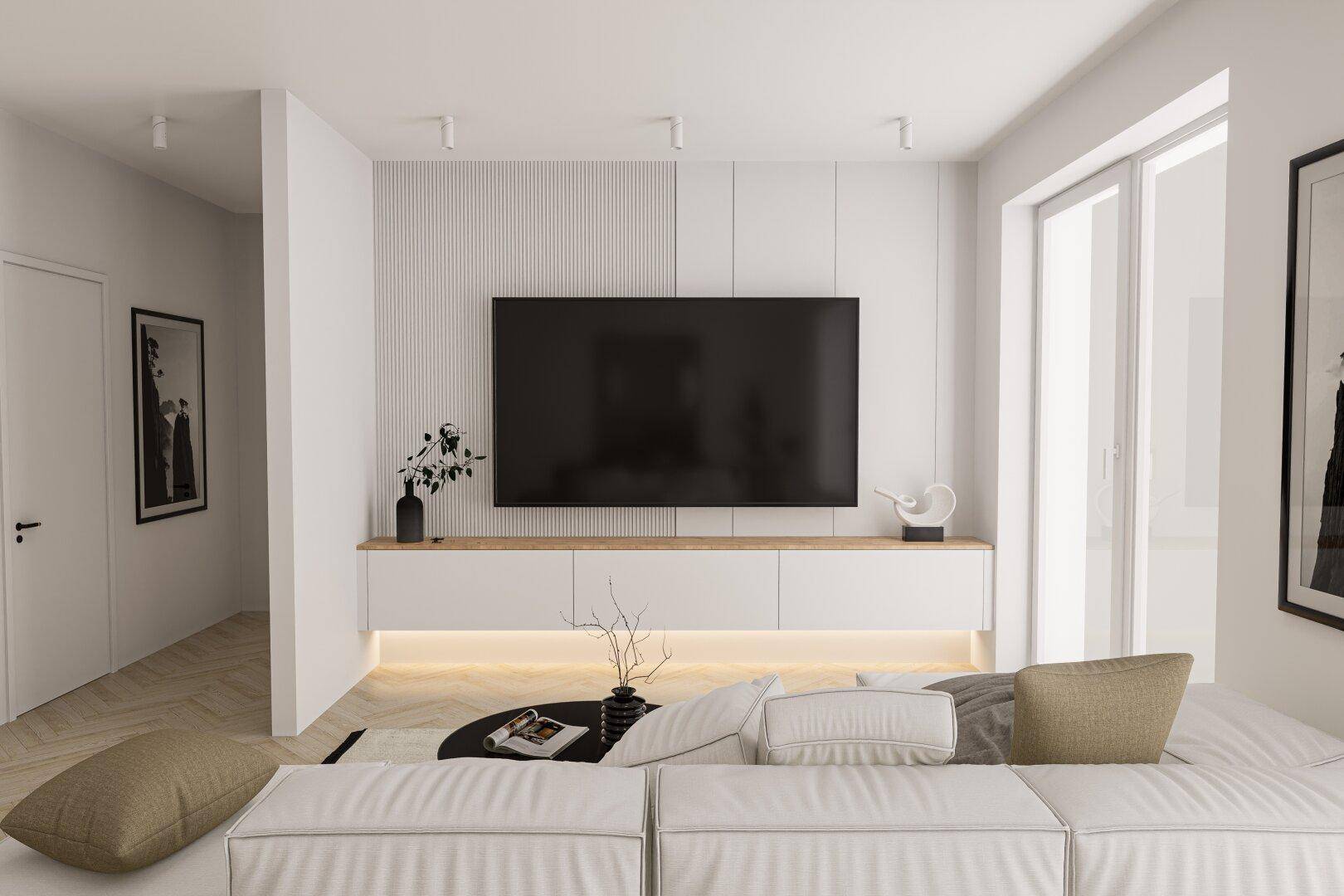 Modernes Wohnzimmer mit großem Flachbildfernseher, integrierten Schränken und stilvoller Beleuchtung.
