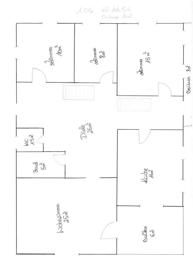 Grundriss des Obergeschosses mit Küche, Bad, WC, Wohnzimmer und zwei Balkonen.