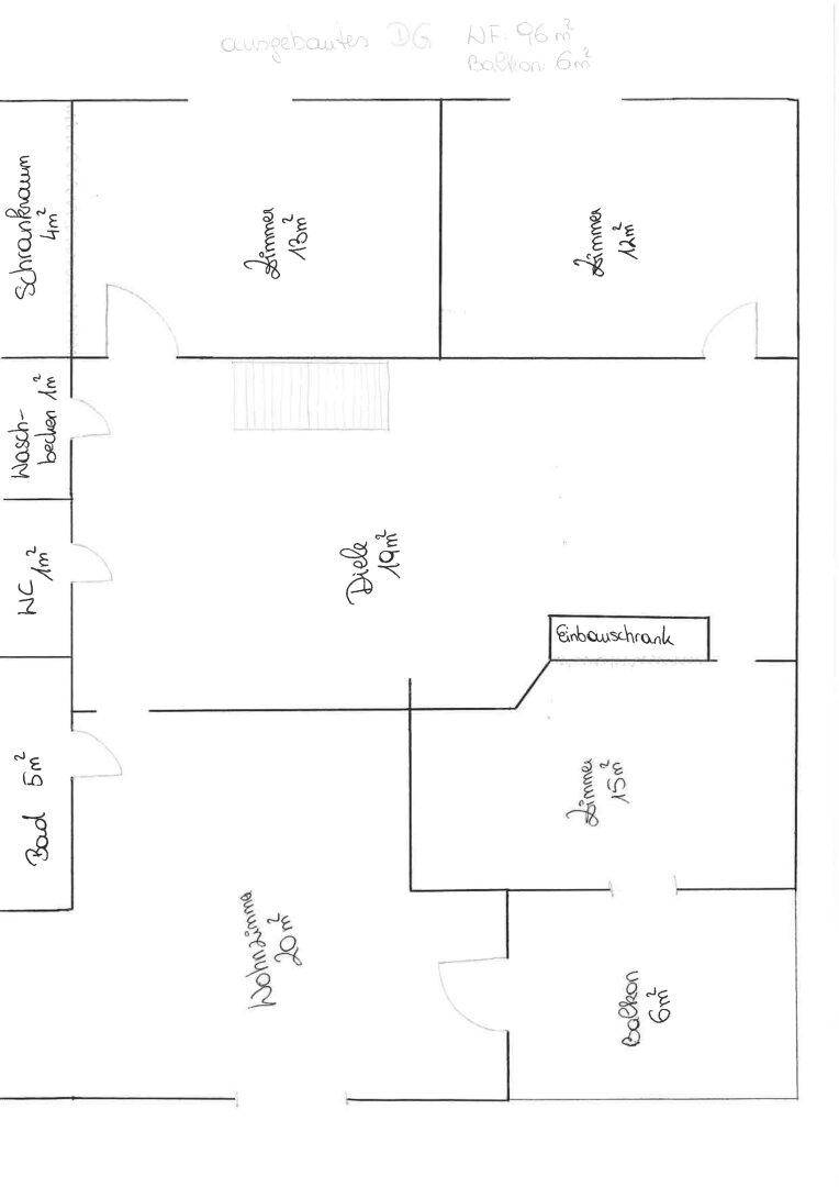 Grundriss des ausgebauten Dachgeschosses mit Wohnzimmer, Bad, Einbauschrank und Balkon.