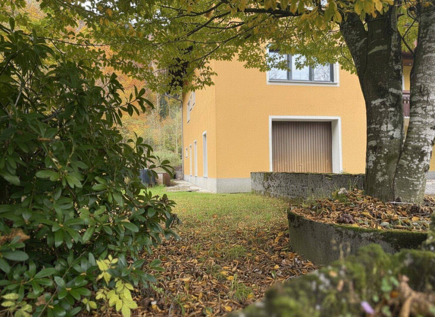 Gartenbereich mit Rasen, Bäumen und herbstlichem Laub, das Haus ist im Hintergrund sichtbar.