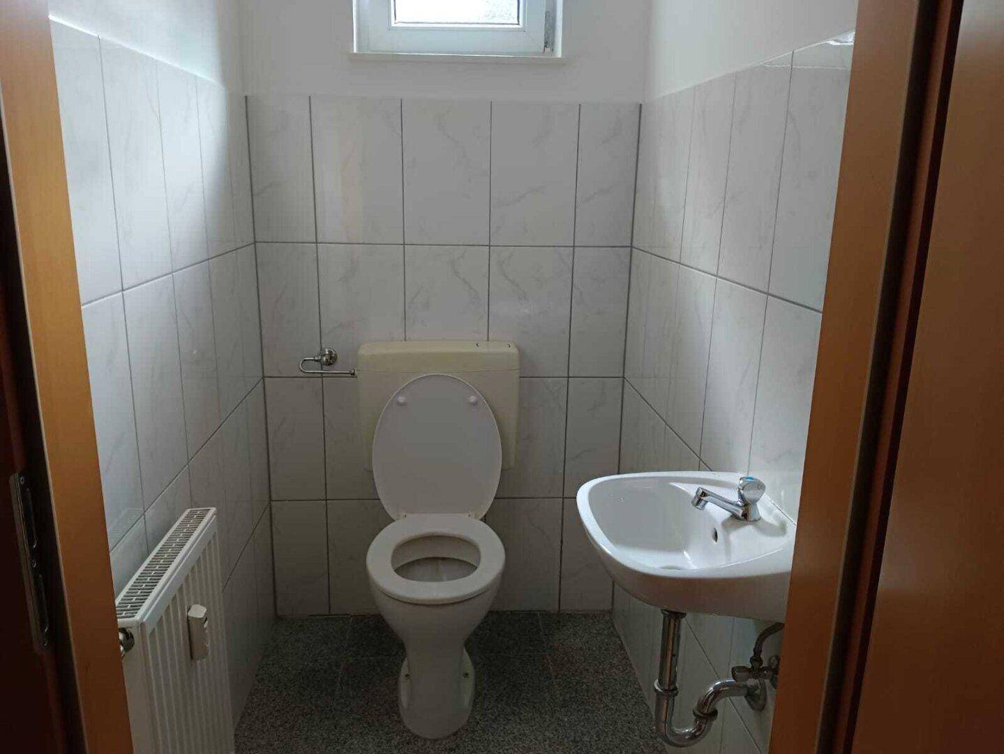 Separates WC mit Toilette, kleinem Waschbecken und Fenster.
