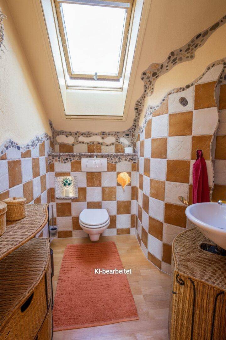 Originelles Gäste-WC mit Schachbrettmuster-Fliesen, Dachfenster und einzigartiger Wandgestaltung.