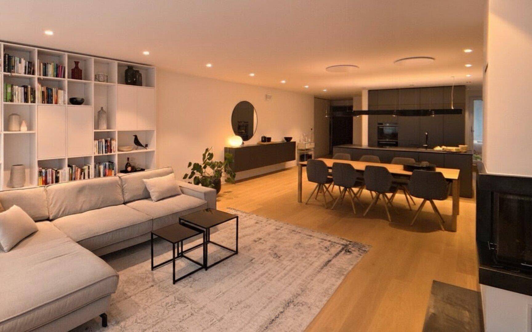 Geräumiger offener Wohnbereich mit Sofa, Bücherregal, Essbereich und moderner Küche.