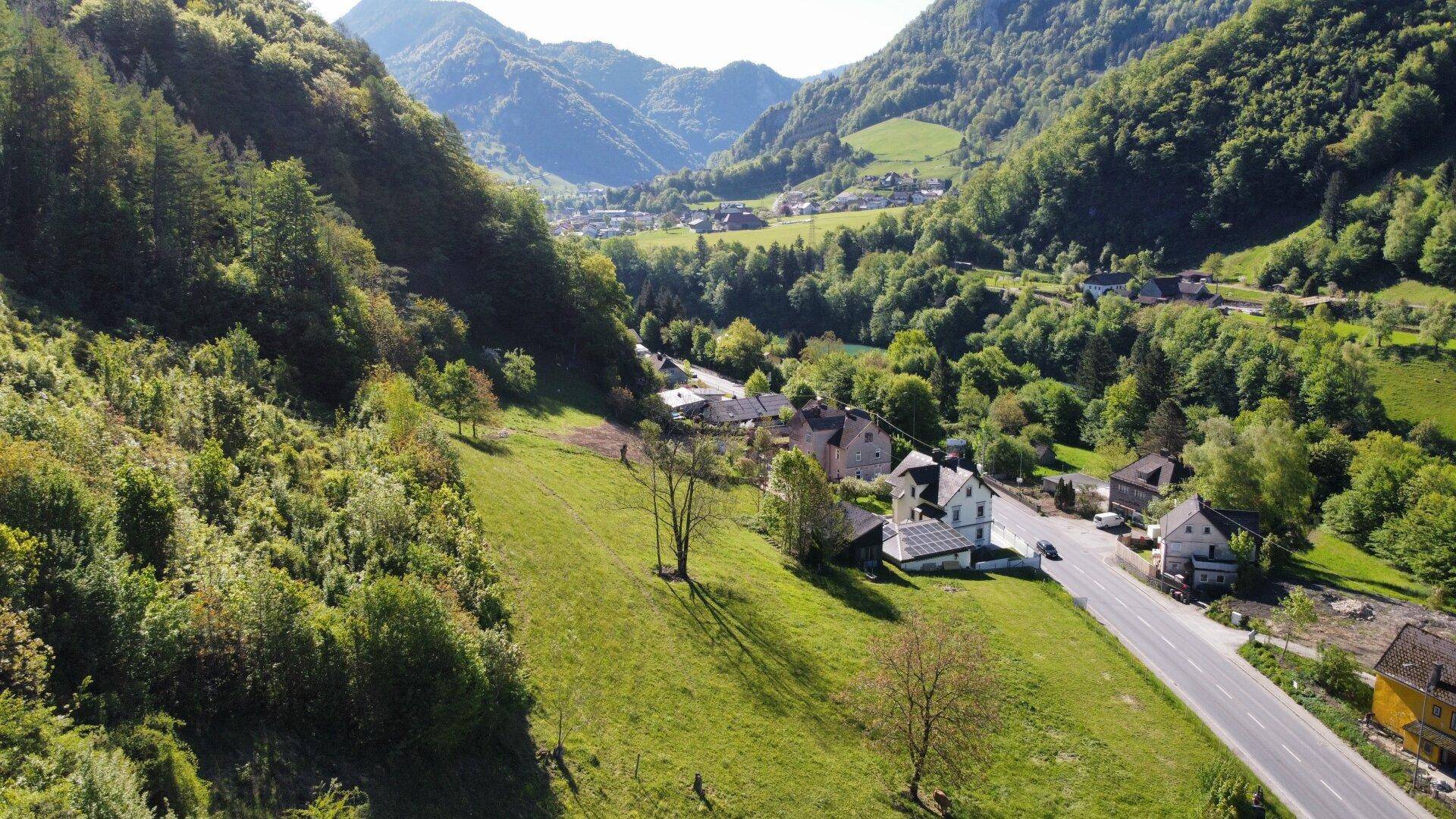 Weitläufiger Blick über ein grünes Tal mit einer Straße, Häusern und bewaldeten Bergen.