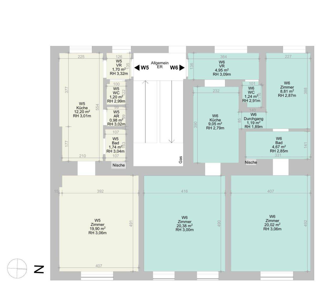 Detaillierter Grundriss einer Wohnung mit mehreren Zimmern und Flächenangaben.
