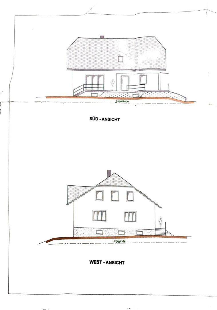 Süd- und Westansichten des Hauses mit Fenstern und Balkonen.