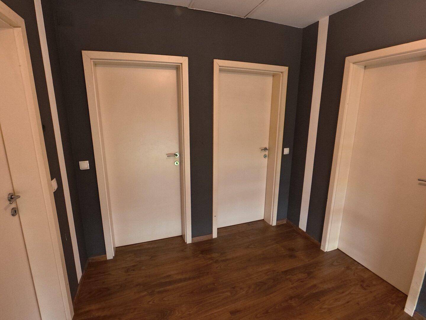 Flur mit Laminatboden und mehreren Türen zu den angrenzenden Räumen.
