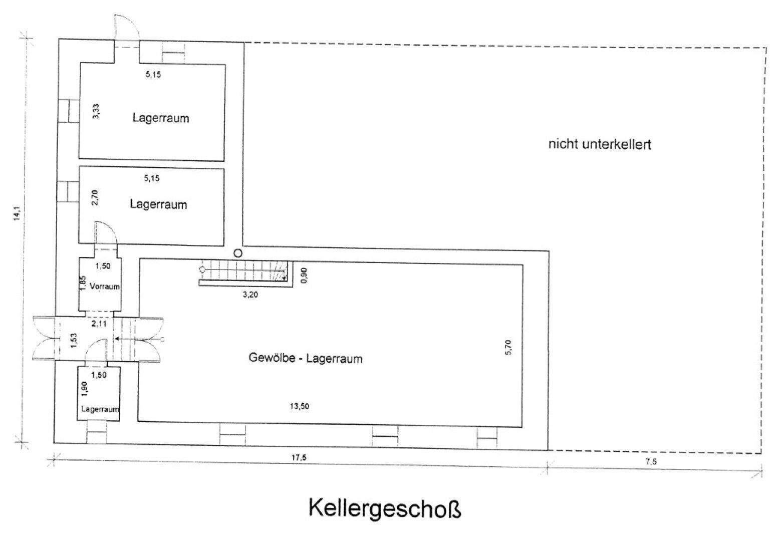 Grundriss des Kellergeschosses mit Lagerräumen und einem Gewölbe-Lagerraum.
