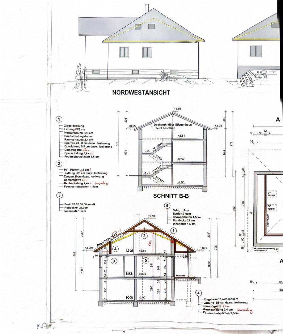 Architektonischer Plan mit Nordwestansicht und verschiedenen Gebäudeschnitten.