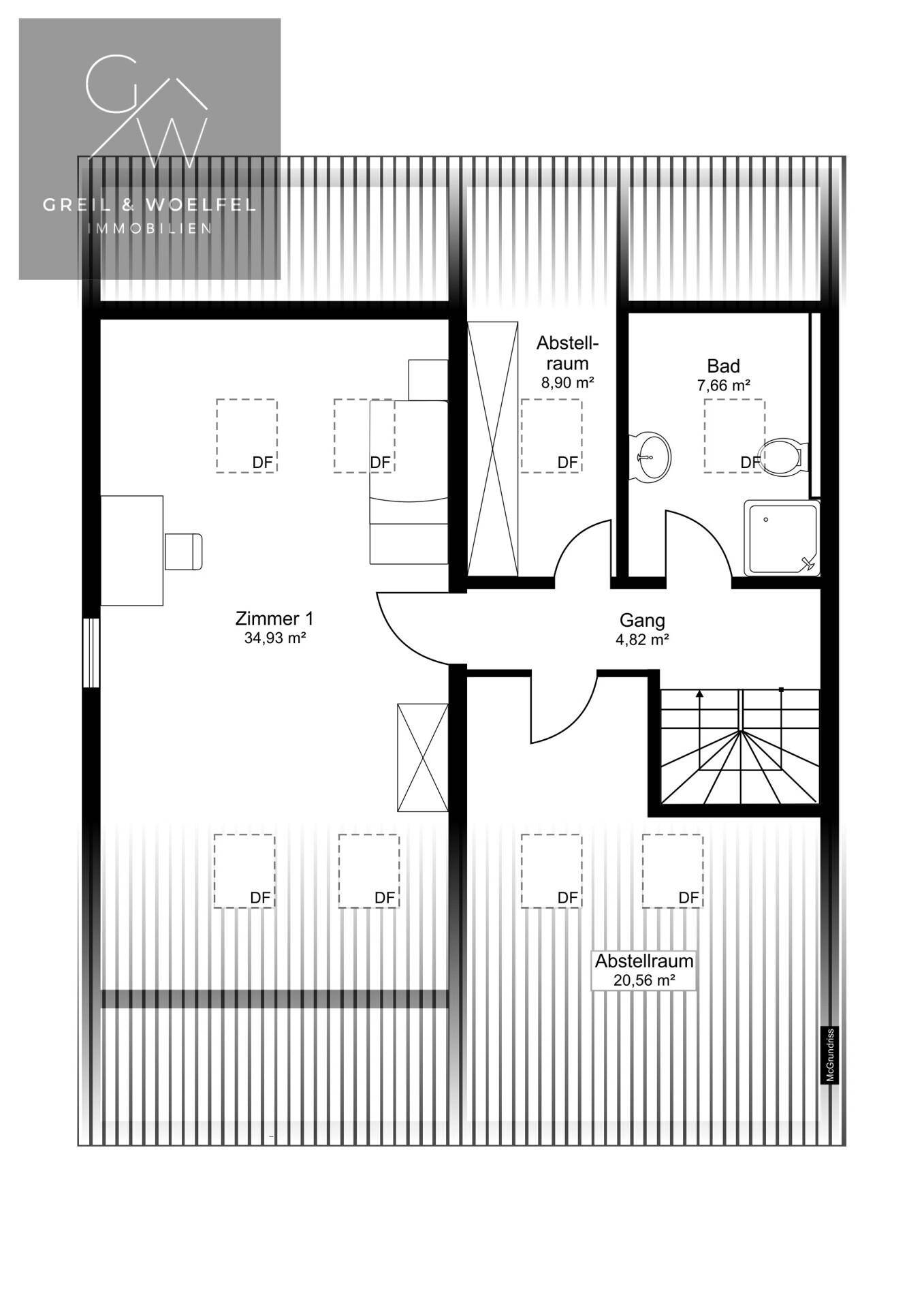 Grundriss einer Dachgeschosswohnung mit großem Zimmer, Abstellräumen und Badezimmer.