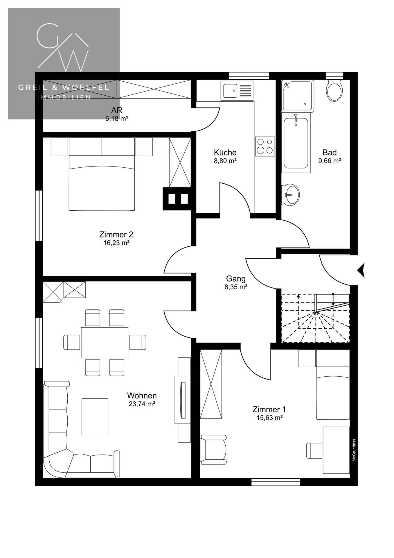 Grundriss einer Wohnung mit zwei Schlafzimmern, Wohnzimmer, Küche und Bad, übersichtlich dargestellt.