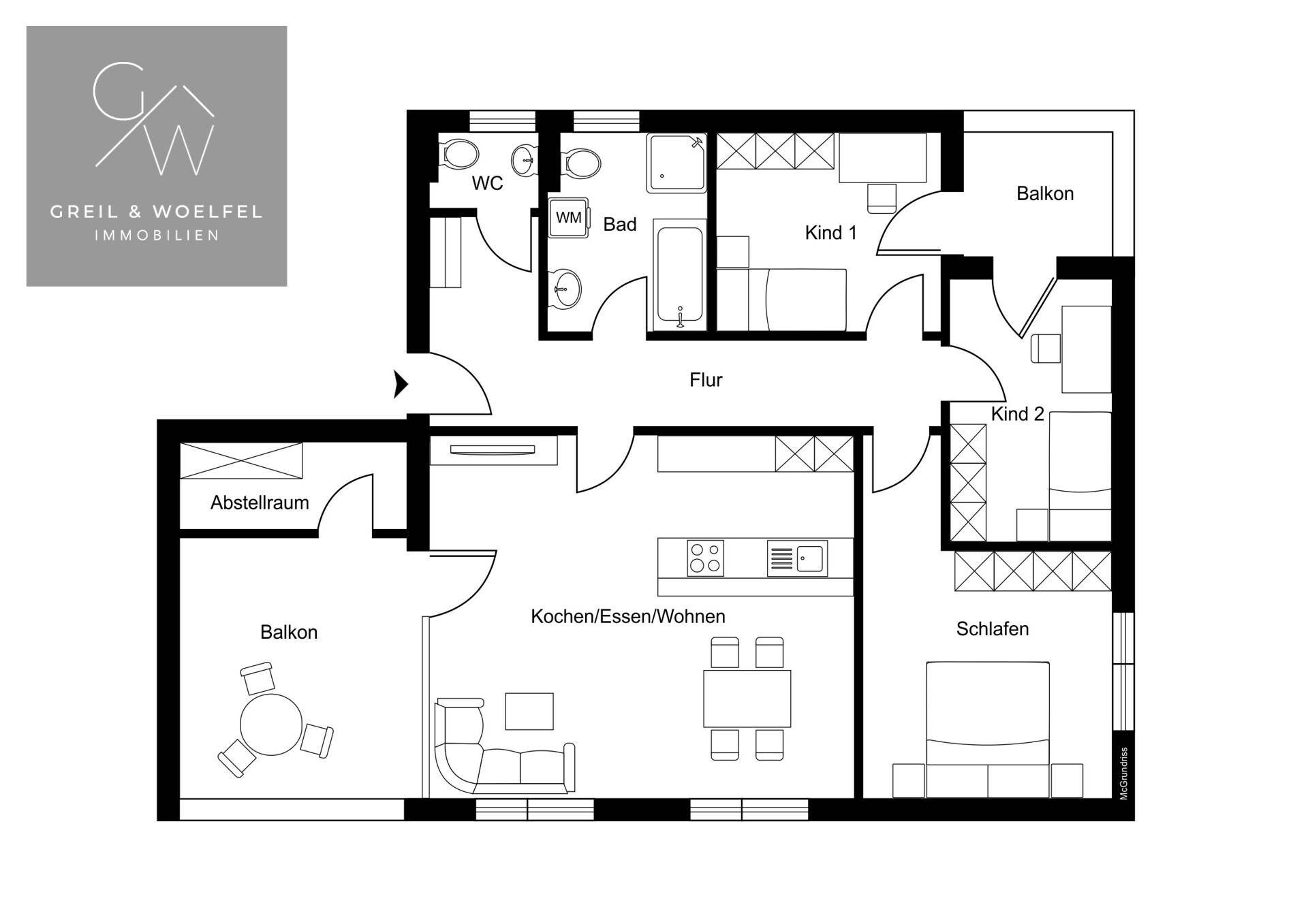Detaillierter Grundriss der Wohnung mit drei Schlafzimmern, zwei Bädern und zwei Balkonen.