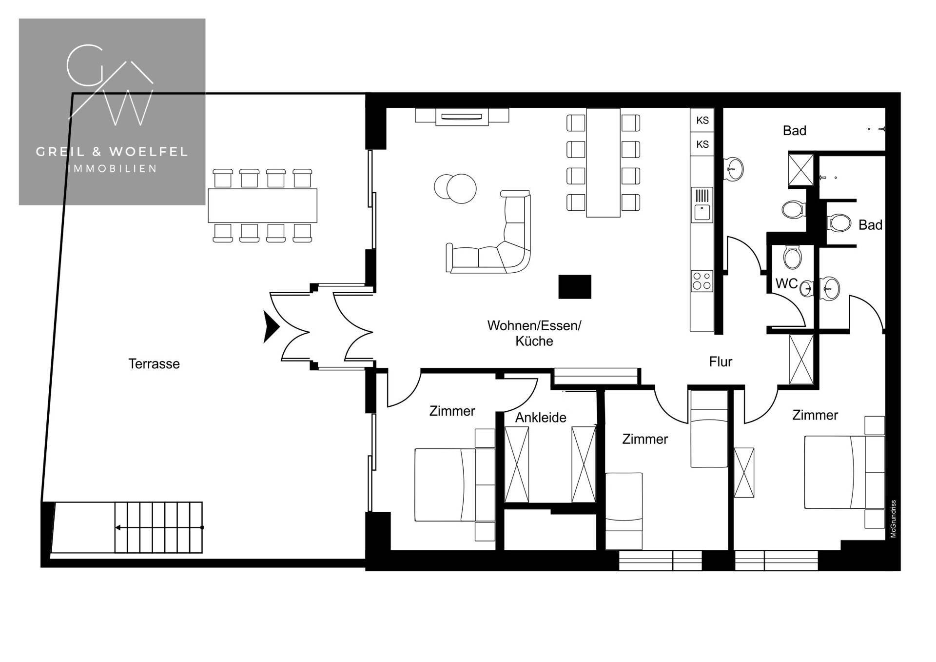 Detaillierter Grundriss einer Wohnung mit offener Wohnküche, drei Zimmern und Terrasse.
