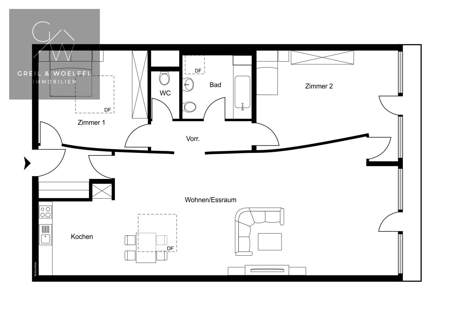 Grundriss einer Wohnung mit zwei Zimmern, offenem Wohn-/Essbereich und separatem WC.