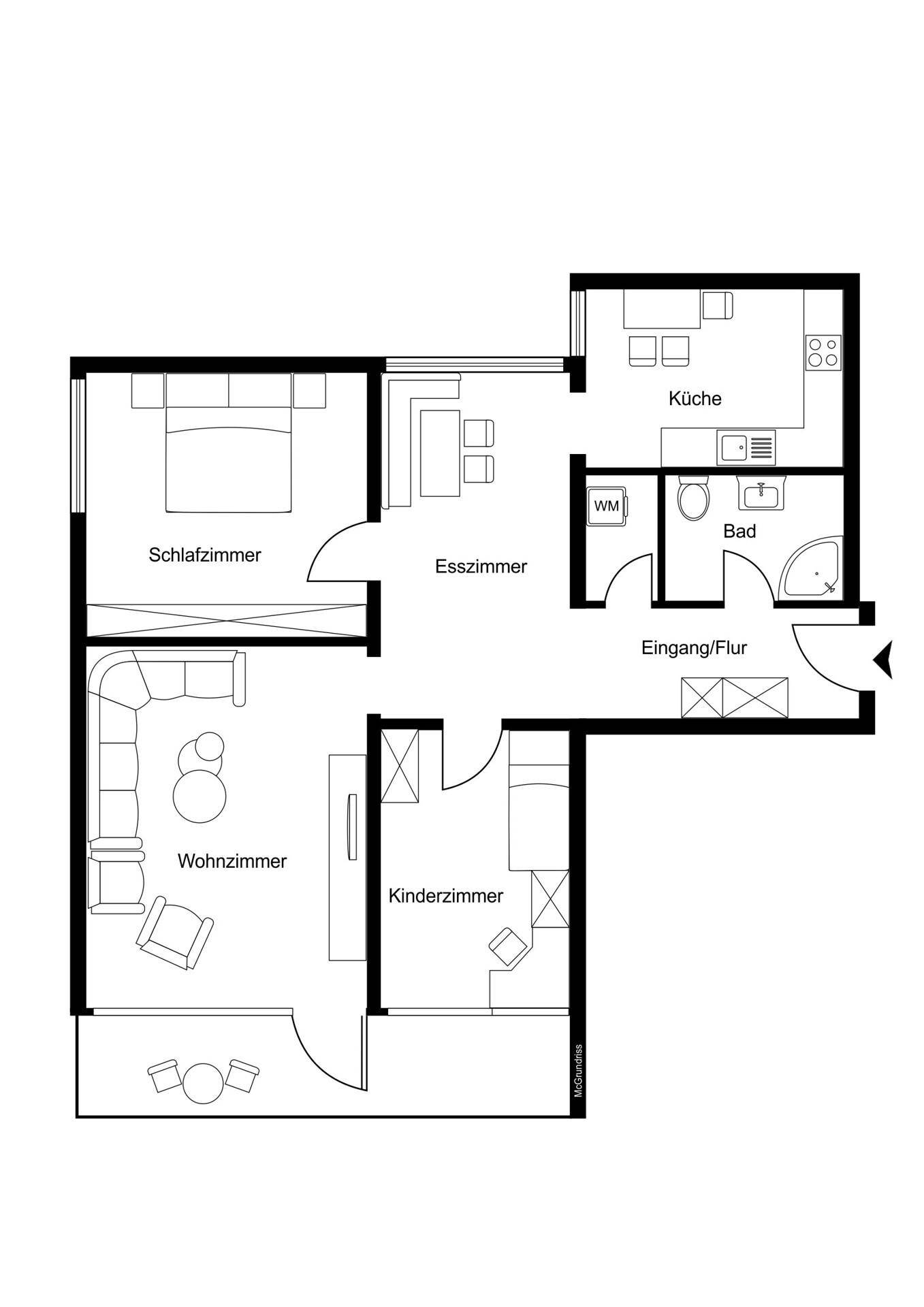 Grundriss der Wohnung mit Wohnzimmer, Schlafzimmer, Kinderzimmer, Esszimmer, Küche und Bad.