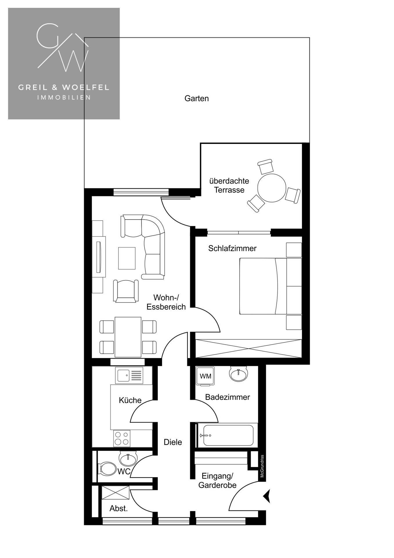 Grundriss der Wohnung mit Wohn-Essbereich, Schlafzimmer, Bad und Garten.