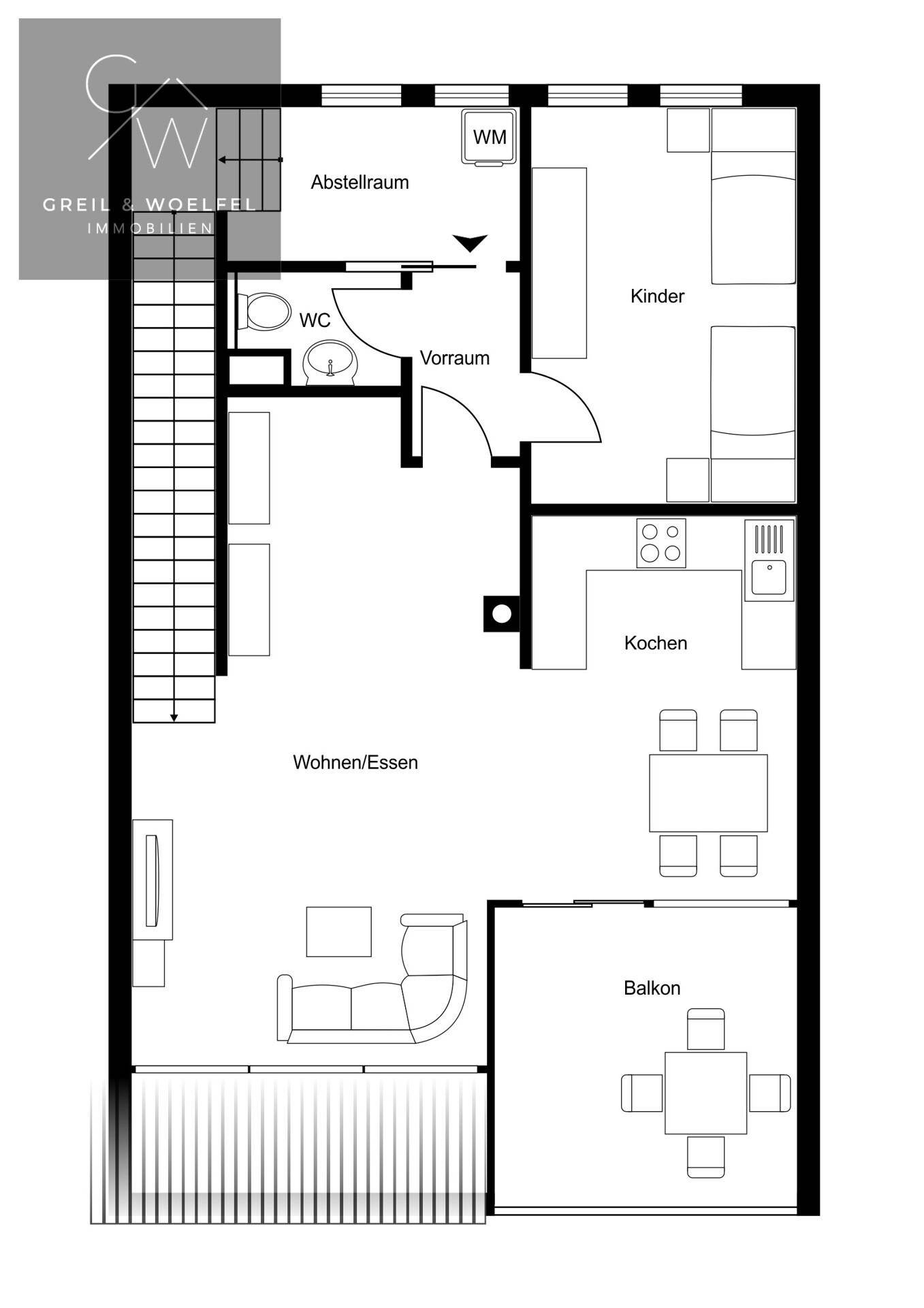 Grundriss des unteren Geschosses mit Wohn-/Essbereich, Küche, Kinderzimmer und Balkon.