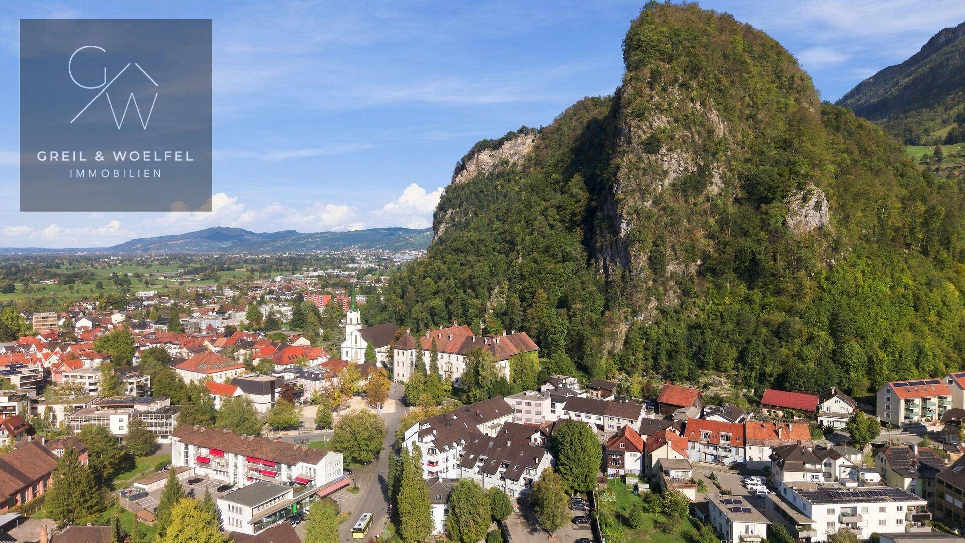 Malerische Luftaufnahme einer Stadt am Fuße eines bewaldeten Berges mit weitem Blick.
