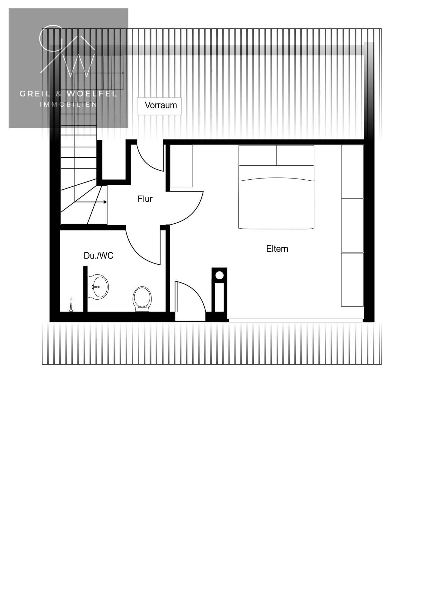 Grundriss des oberen Geschosses mit Schlafzimmer, Flur und Badezimmer.
