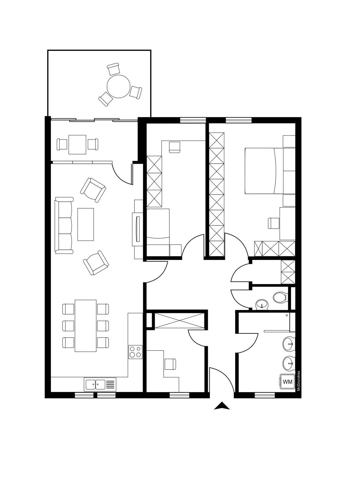 Grundriss der Wohnung mit offenem Wohnbereich, Schlafzimmer und Terrasse.