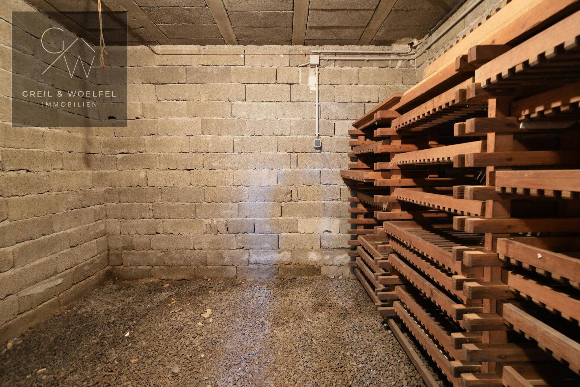 Kellerraum mit Ziegelwänden und Holzregalen, ideal zur Lagerung von Wein oder Vorräten.