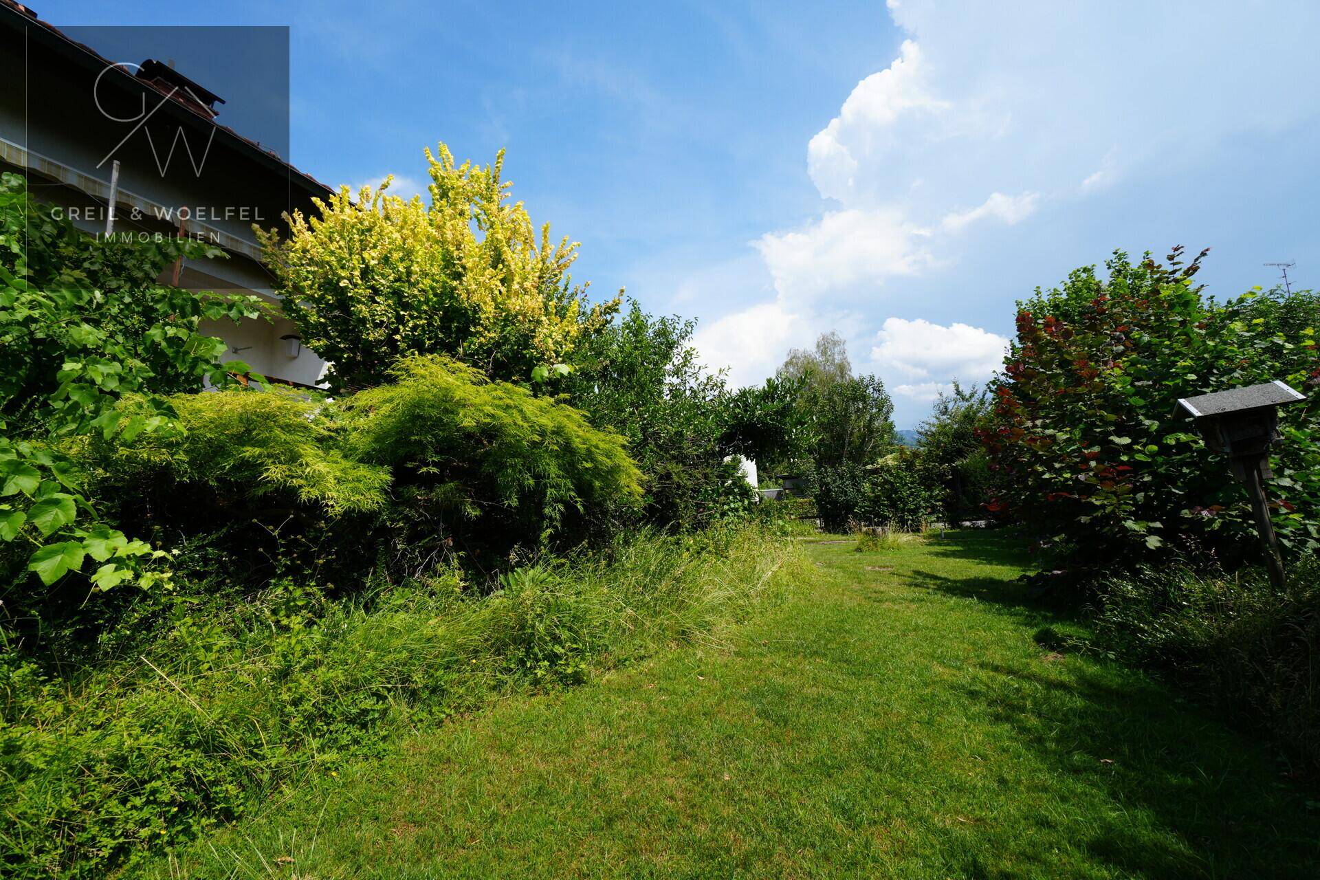 Großer, grüner Garten mit altem Baumbestand und Rasenfläche, bietet viel Privatsphäre.