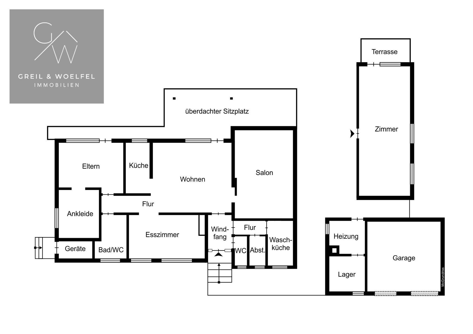 Grundriss des Erdgeschosses mit Wohn-, Ess- und Schlafbereichen sowie Garage und Terrasse.