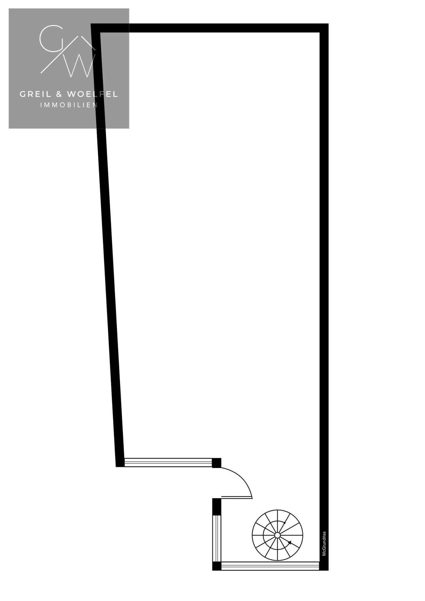 Grundriss eines langen, schmalen Raumes mit Eingangsbereich und Wendeltreppe.