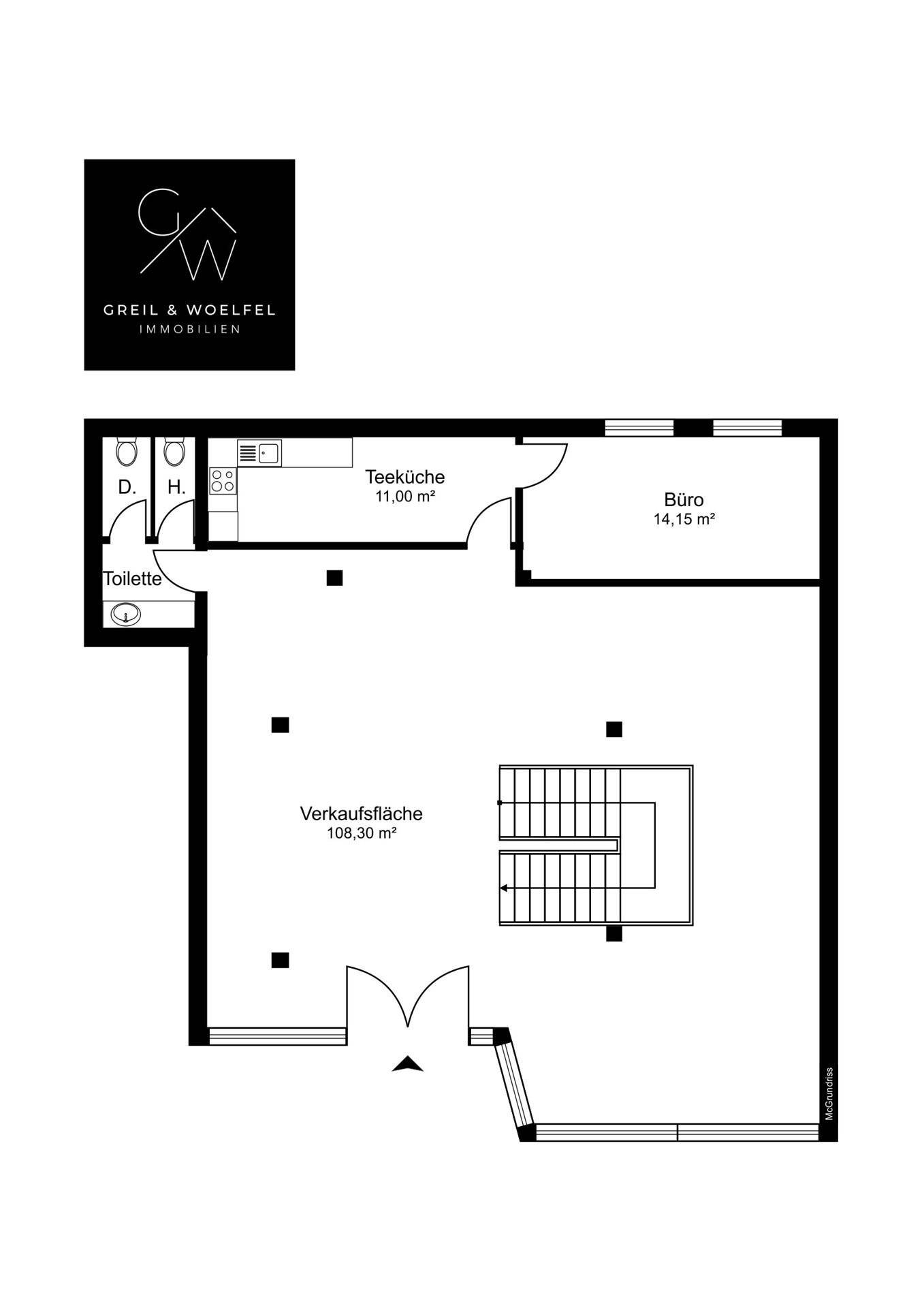 Grundriss des Erdgeschosses mit Verkaufsfläche, Teeküche, Büro und Toilette.
