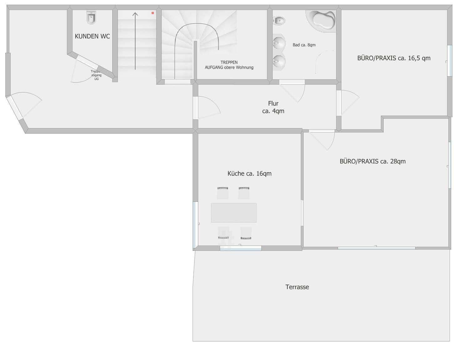 Grundriss einer Wohnung mit Büro/Praxisräumen, Küche, Bad, Kunden-WC und großer Terrasse.