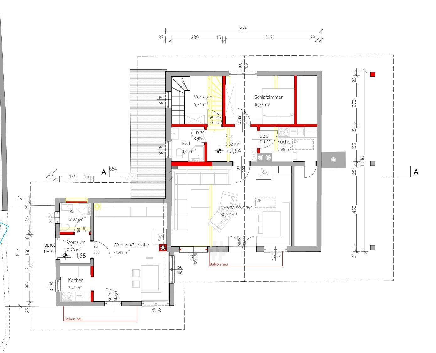 Detaillierter Grundriss des Erdgeschosses mit Wohn-/Essbereich, Küche, Schlafzimmer und Bad.