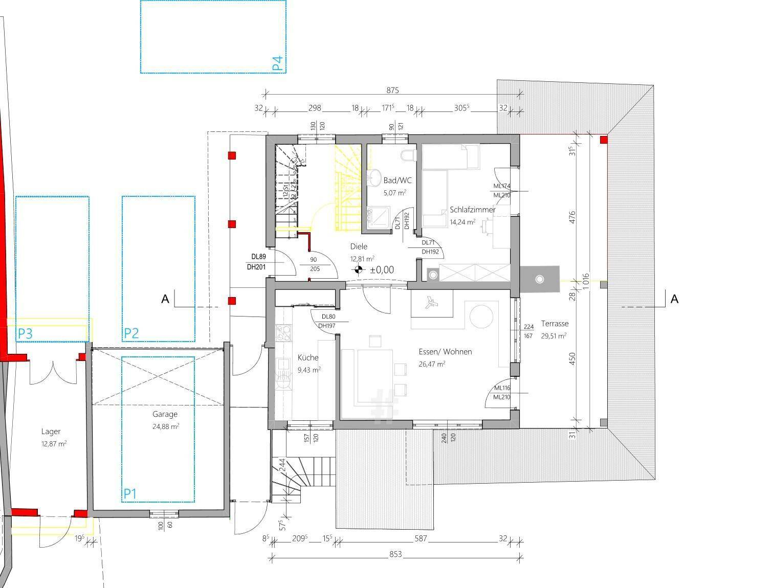 Grundriss des Erdgeschosses mit offener Küche, Wohn-/Essbereich, Schlafzimmer, Bad und großer Terrasse.