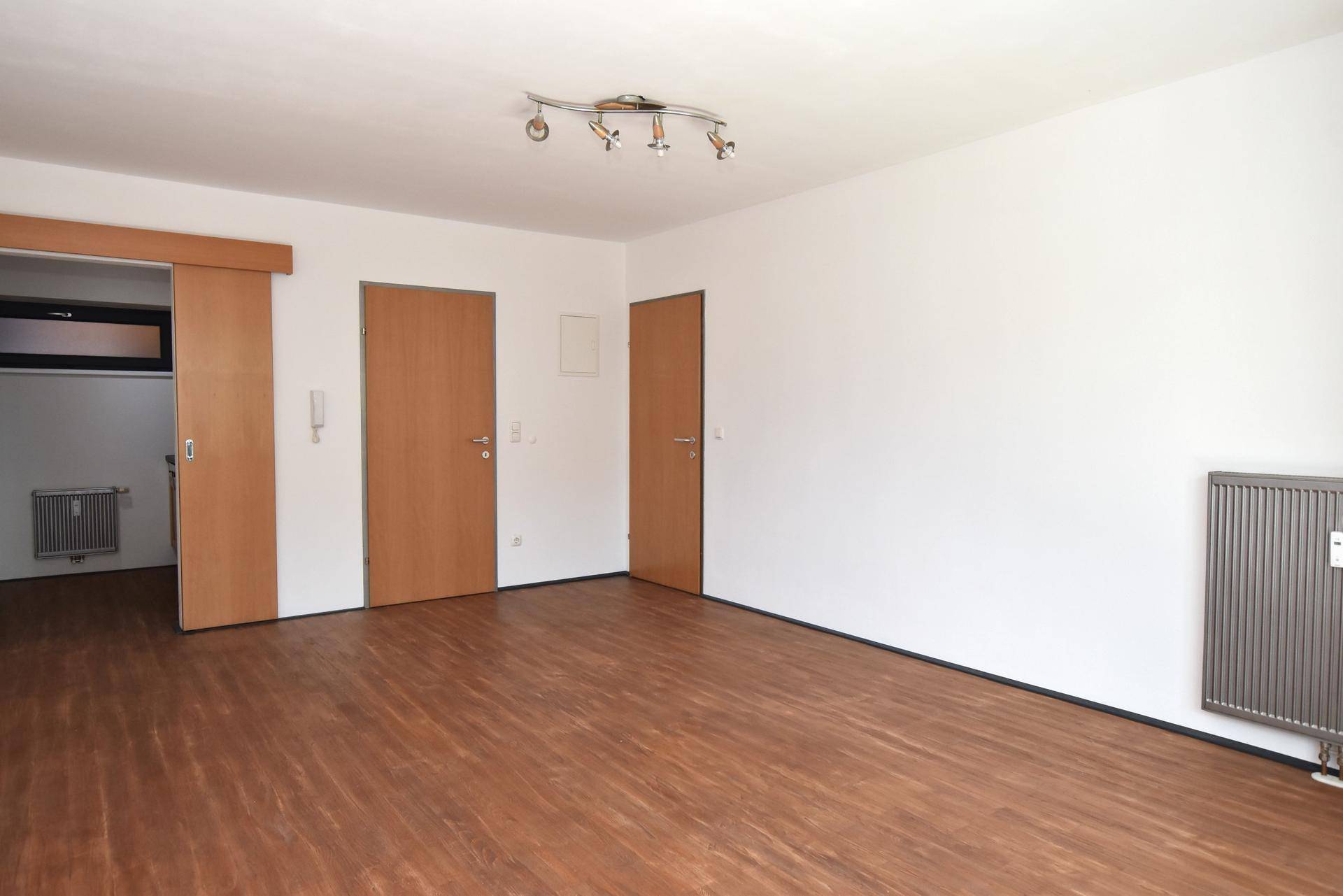 Geräumiger, leerer Raum mit mehreren Türen und durchgehendem Laminatboden.