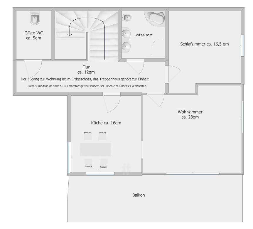 Grundriss einer Wohnung mit Schlafzimmer, Wohnzimmer, Küche, Bad, Gäste-WC und Balkon.