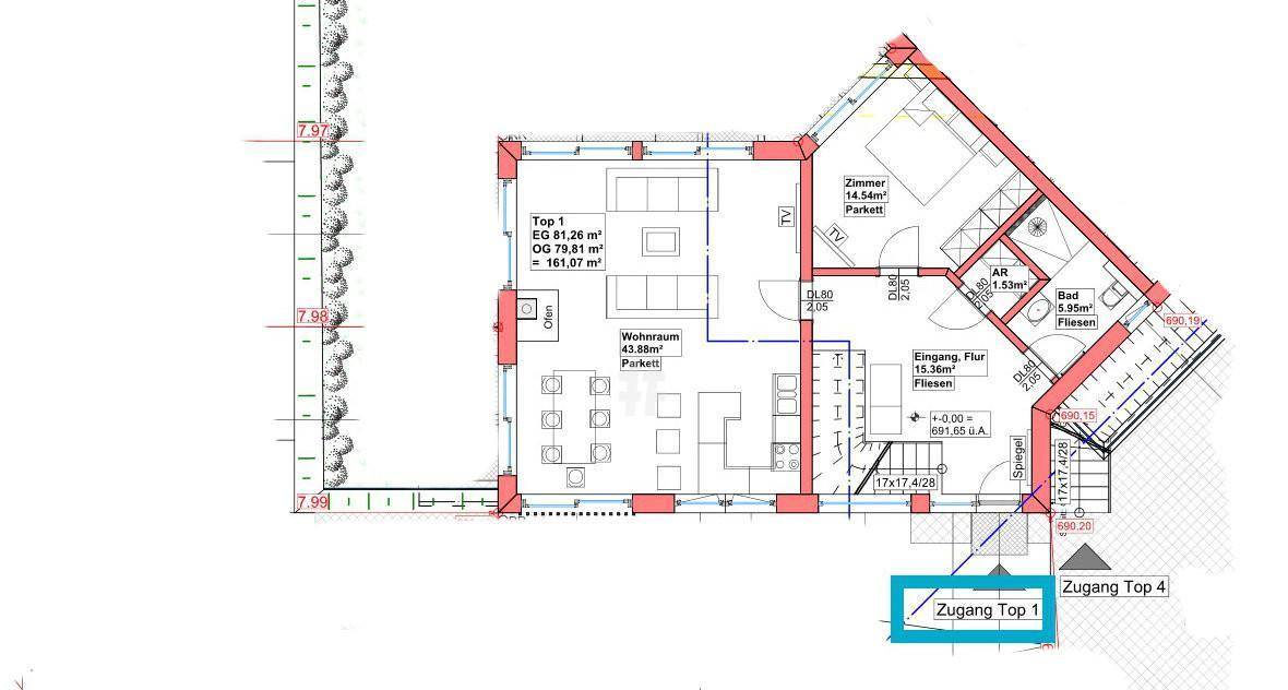 Grundriss des Erdgeschosses mit Wohnbereich, Küche, Schlafzimmer und Badezimmer.