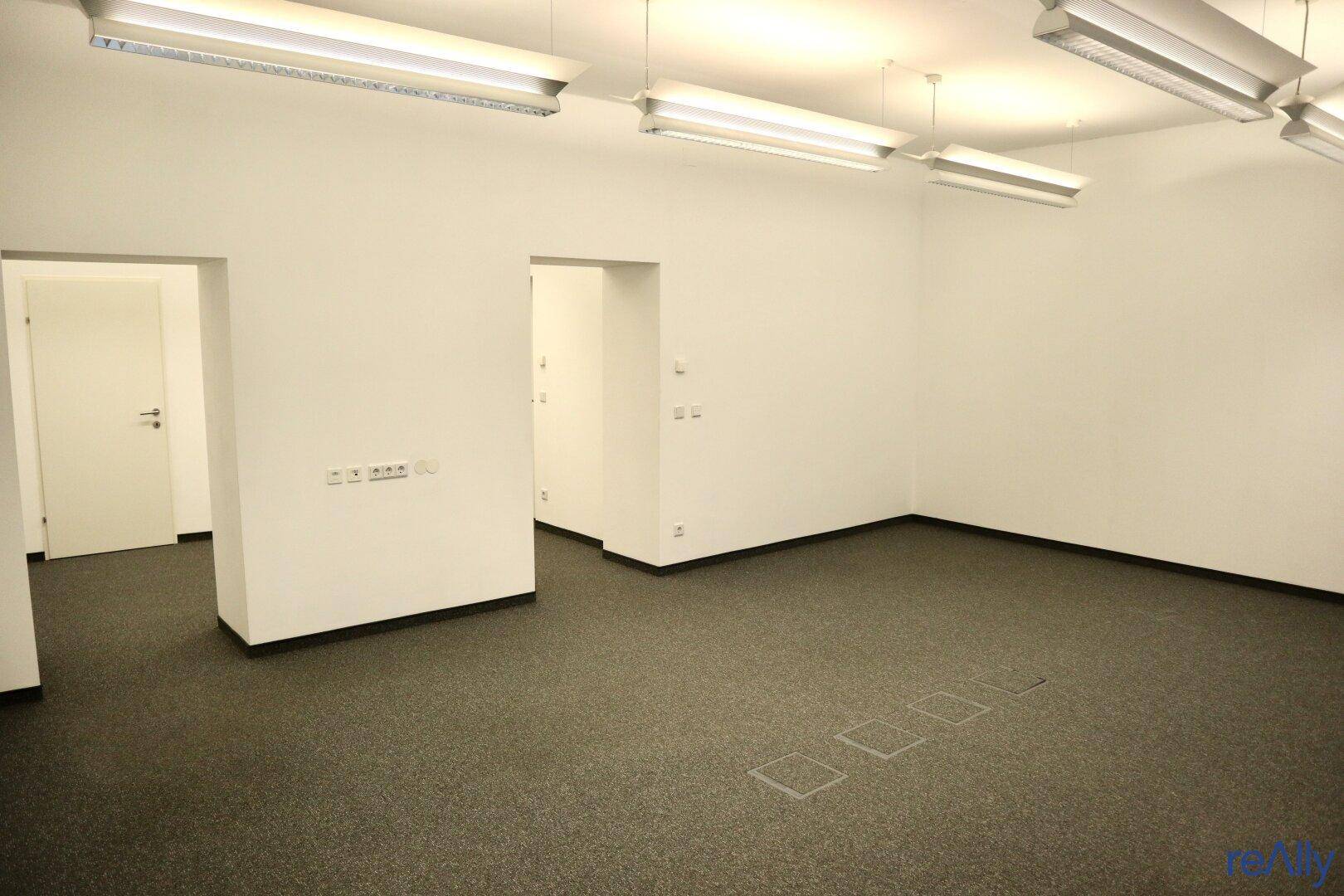 Großer Büroraum mit Teppichboden und mehreren Türöffnungen, bietet flexible Raumgestaltungsmöglichkeiten.