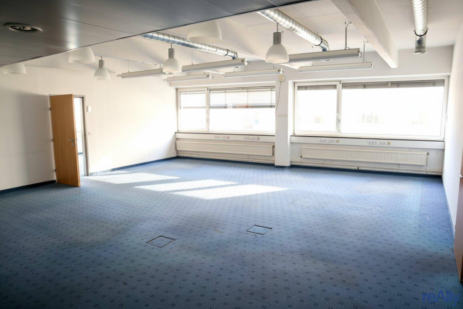 Geräumiges Büro mit blauem Teppichboden, großen Fenstern und sichtbaren Lüftungsrohren an der Decke.