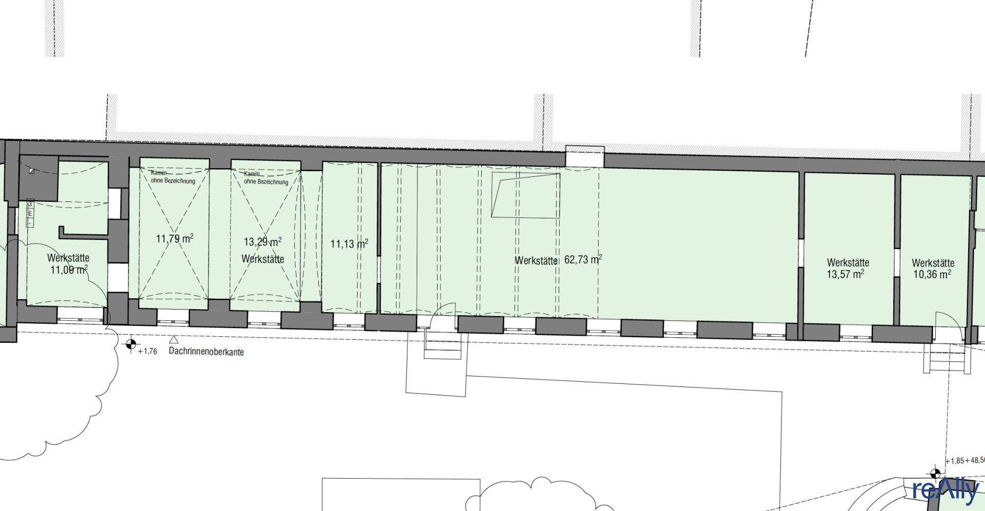 Grundriss des Erdgeschosses mit mehreren Werkstätten und angedeuteten Gewölbedecken.