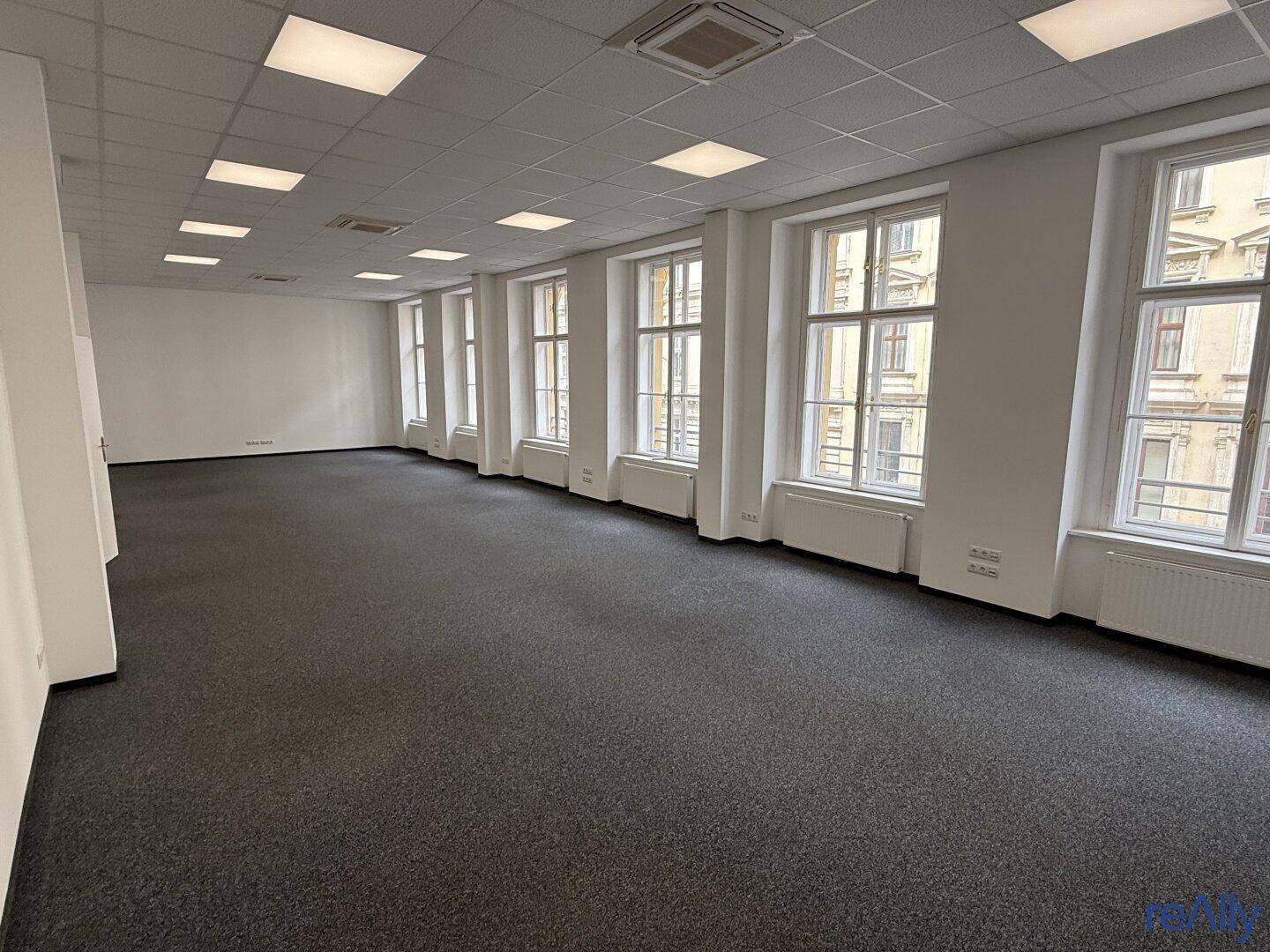 Weitläufiges Büro mit Teppichboden, vielen Fenstern und moderner Deckenbeleuchtung, ideal für flexible Arbeitsplatzgestaltung.