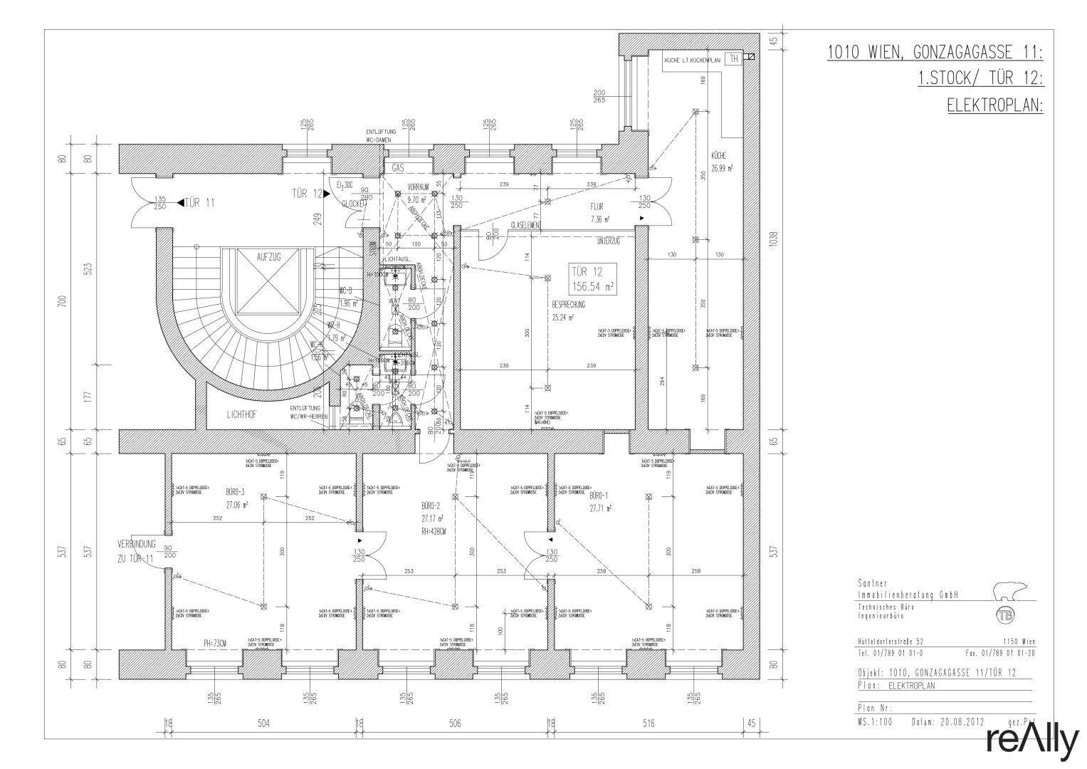 Elektroplan eines Stockwerks mit Treppenhaus und mehreren Räumen in einem Gebäude in Wien.